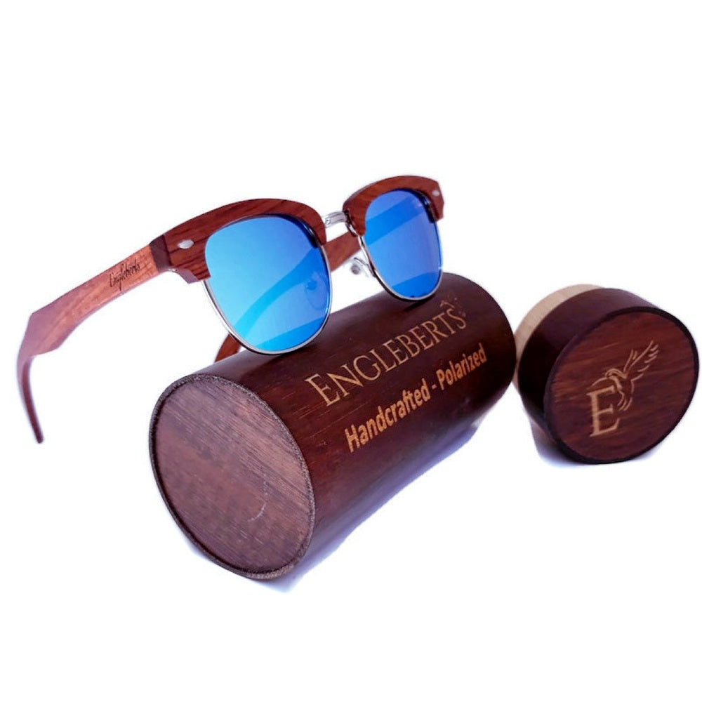 100% Real Brazilian Pear Sandalwood Sunglasses With Ice Blue Lenses - Engleberts