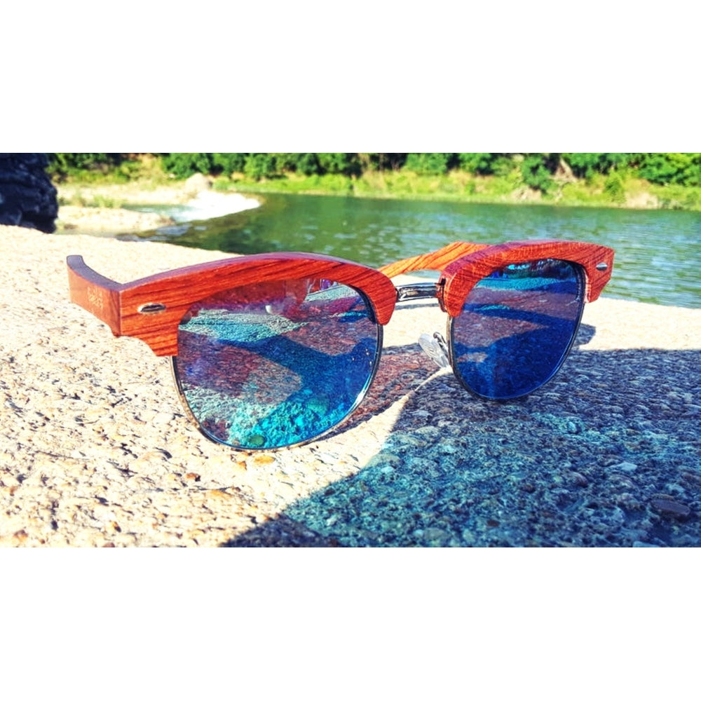 100% Real Brazilian Pear Sandalwood Sunglasses With Ice Blue Lenses - Engleberts